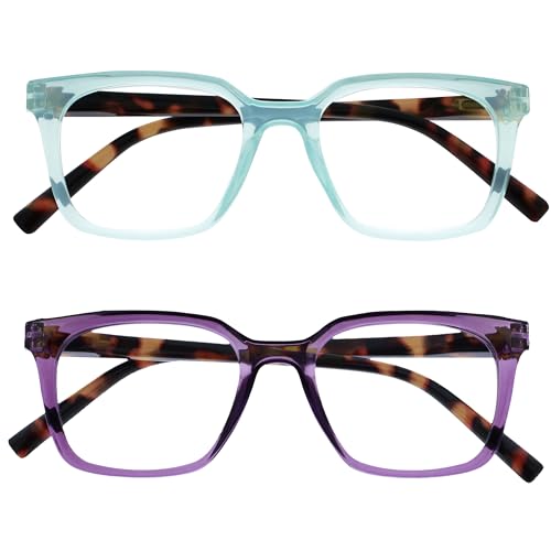 Opulize KOI Lesebrille 2er Pack - Große Rechteckige Brillenfassung - Violett-Aqua - Damen, Herren - Federscharniere - RR50-5Q - +1.00 von Opulize