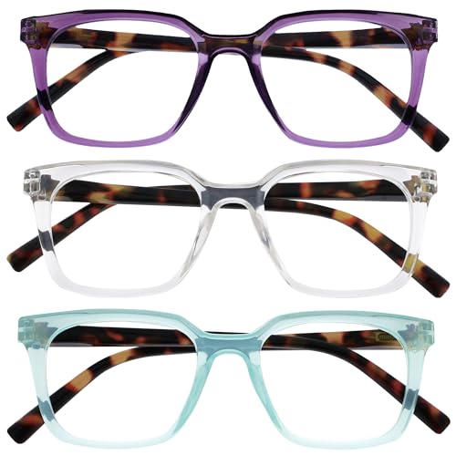 Opulize KOI Lesebrille 3er Pack - Große Rechteckige Brillenfassung - Violett-Aqua-Durchsichtig - Damen, Herren - Federscharniere - RRR50-5CQ - +3.00 von Opulize