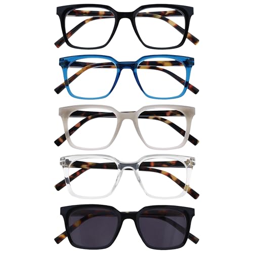 Opulize KOI Lesebrille & Sonnenleser 5er Pack - Rechteckiges Gestell - Schwarz-Blau-Grau-Klar-Schwarz - Damen Herren - Federscharniere - RRRR50-57CQ - +2.00 von Opulize