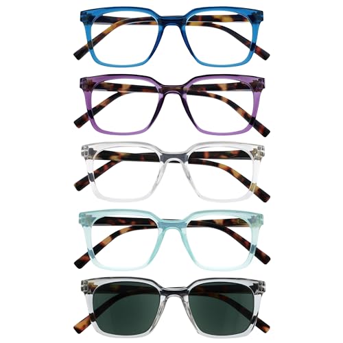 Opulize KOI Lesebrille & Sonnenleser 5er Pack - Rechteckiges Gestell - Schwarz-Violett-Klar-Aqua-Klar - Damen Herren - Federscharniere - RRRRS50-35CQC - +3.00 von Opulize