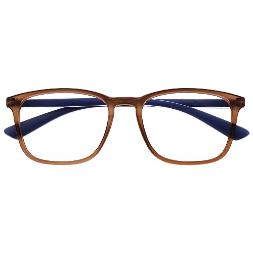 Opulize Max Lesebrille - Klassische große rechteckige Fassung - Brille in Mattbraun mit marineblauen Bügeln - Herren Damen Unisex - R78-2 - +1,00 von Opulize