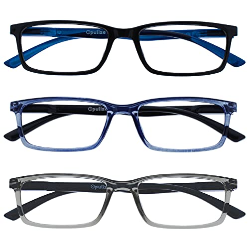 OPULIZE SEE Blaulichtfilter Lesebrille für Damen Herren, Blendfreie UV400-Schutz Federscharnier Anti-Müdigkeit, Rechteckiger Rahmen, Computerbrillen Gaming, 3er-Pack Schwarz Blau Grau +1,50 von OPULIZE