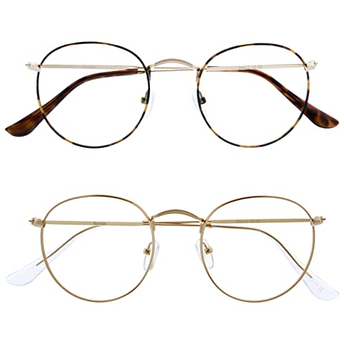 OPULIZE Sol - Lesebrille 2er Pack Blaulichtfilter Runder Metall Retro Rahmen Verbessern Den Schlaf Computer Gaming Entspiegel Braun Gold Herren Damen BB94-29 +3.00 von OPULIZE