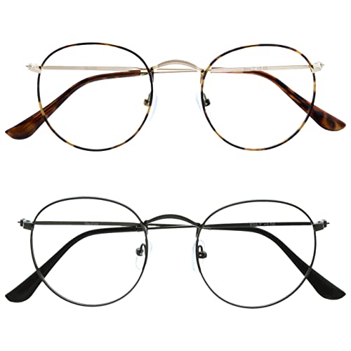OPULIZE Sol - Lesebrille 2er Pack Blaulichtfilter Runder Metall Retro Rahmen Verbessern Den Schlaf Computer Gaming Entspiegel Braun Metallgrau Herren Damen BB94-27 +1.50 von OPULIZE