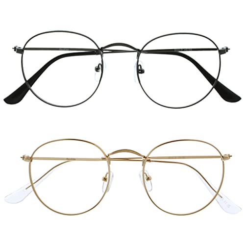 OPULIZE Sol - Lesebrille 2er Pack Blaulichtfilter Runder Metall Retro Rahmen Verbessern Den Schlaf Computer Gaming Entspiegel Metallgrau Gold Herren Damen BB94-79 +1.00 von OPULIZE