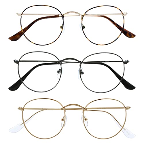 OPULIZE Sol - Lesebrille 3er Pack Blaulichtfilter Runder Metall Retro Rahmen Verbessern Den Schlaf Computer Gaming Entspiegel Braun Metallgrau Herren Gold Damen BBB94-279 +2.50 von OPULIZE