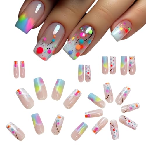 Opvonxeh Square Press Nails, Cute Medium Acryl Fake Nail Set, 24 Stück Full Cover Gradient Design, Stick Nails mit Jelly Glue für Frauen und Mädchen von Opvonxeh