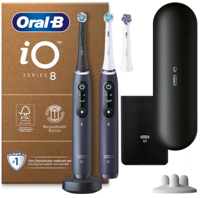 Oral-B Elektrische Zahnbürste iO Series 8 Plus Edition Doppelpack (Black/violet), Aufsteckbürsten: 3 St., 2er-Set, Fortschrittliche Technologie, Andruckkontrolle, Reiseetui von Oral-B