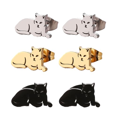 OralGos 3 Paar schöne Ohrringe, niedliche Katzen-Ohrstecker, Verzierung, stilvoller Ohrpiercing, Ohranhänger für Damen und Mädchen, modischer Schmuck, Edelstahl von OralGos