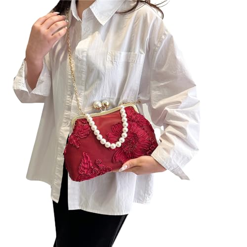 OralGos Abendtasche im Vintage-Stil, Blumenmuster, mit abnehmbarer Metallkette, elegante Handtasche mit Perlen, claret von OralGos
