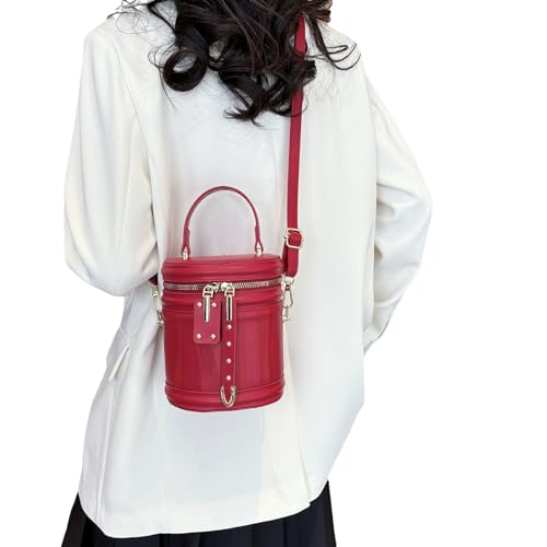 OralGos Damen-Handtasche im koreanischen Stil, mit Tragegriff oben, modisch, PU-Leder, zylinderförmig, kleine Schultertasche, Umhängetasche zum Einkaufen, rot von OralGos