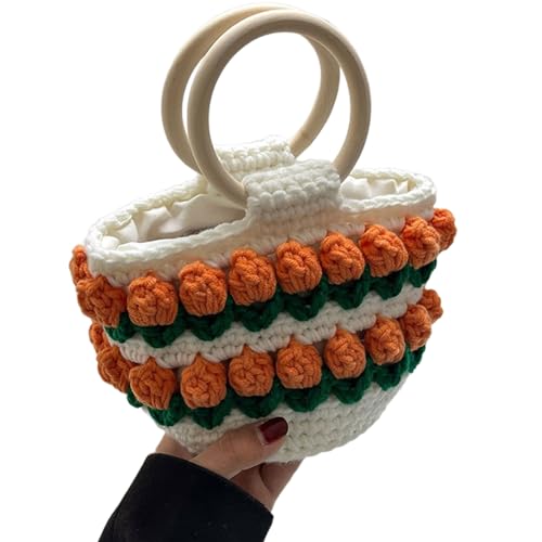 OralGos Handgewebte Häkeltasche mit Holzgriff, koreanischer Stil, süße bunte Blume, gestrickte Handtasche für Damen, Orangefarbene runde Handtasche von OralGos