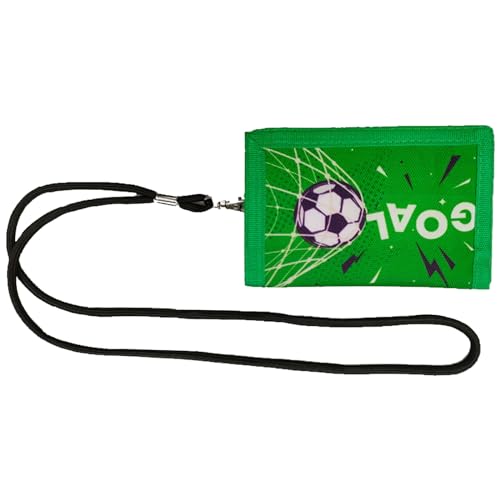 OralGos Kleine Geldbörse für Jungen, dreifach gefaltet, mit Umhängeband, Münzfach, Kartenhalter, Fußball-Muster, Geldbörse, Green Side Fußball von OralGos