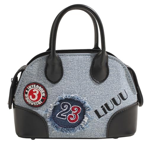 OralGos Schultertasche mit Stickerei-Applikationen, Denim, Schultertasche, Muschelform, Tragegriff oben, kleine Handtasche, geeignet für verschiedene Anlässe von OralGos