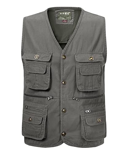 Oralidera Cotton Utility Vest Camping Travel Vest Outdoor Casual Sleeveless V-Neck Vest Men's Fishing Vest Multi-Pocket Work Vest Safari Hunting Vest, Grau, M von Oralidera