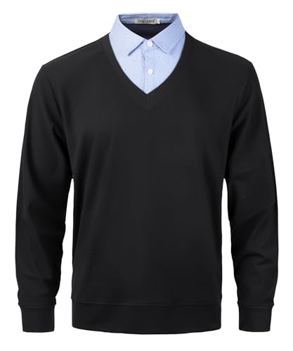Oralidera Herren 2 in 1 Pullover mit Hemd Einsatz V-Ausschnitt Strickpullover Männer Winter Pullover Langarm Strick-Pulli mit Hemdkragen, Schwarz, XL von Oralidera