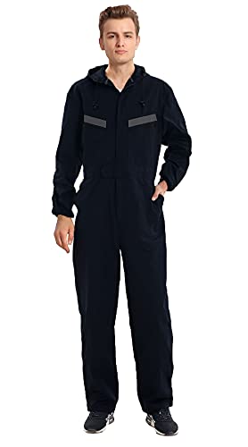 Oralidera Herren Baumwolle Arbeitsoverall mit Kapuze Reflektierend Mechanisch Overall mit vielen Taschen Maleroverall Jumpsuit Arbeitskleidung für Handwerker, Schwarz, M von Oralidera