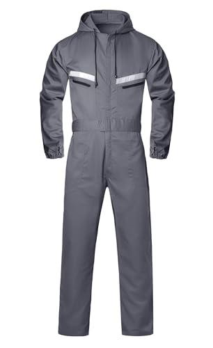 Oralidera Herren Arbeitsoverall mit Kapuze Reflektierend Arbeitsanzug Mechaniker Arbeitsoveralls Werkstatt Arbeitskombi Studenten Overall, Grau, XL von Oralidera