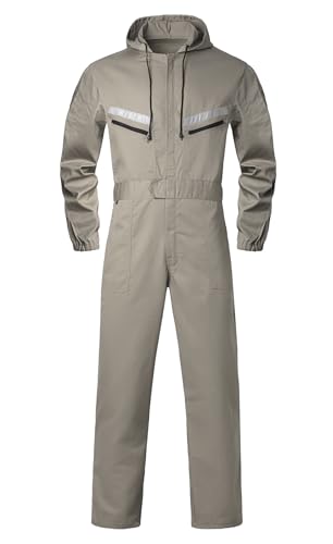 Oralidera Herren Arbeitsoverall mit Kapuze Reflektierend Arbeitsanzug Mechaniker Arbeitsoveralls Werkstatt Arbeitskombi Studenten Overall, Khaki, XL von Oralidera