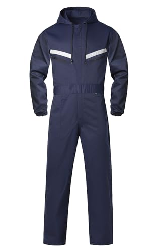 Oralidera Herren Arbeitsoverall mit Kapuze Reflektierend Arbeitsanzug Mechaniker Arbeitsoveralls Werkstatt Arbeitskombi Studenten Overall, Navy Blau, L von Oralidera