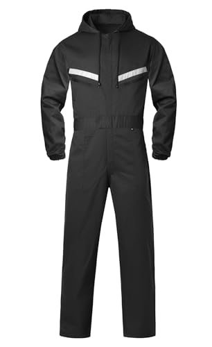 Oralidera Herren Arbeitsoverall mit Kapuze Reflektierend Arbeitsanzug Mechaniker Arbeitsoveralls Werkstatt Arbeitskombi Studenten Overall, Schwarz, L von Oralidera