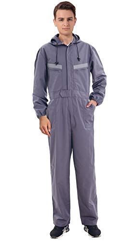 Oralidera Herren Baumwolle Arbeitsoverall mit Kapuze Reflektierend Mechanisch Overall mit vielen Taschen Maleroverall Jumpsuit Arbeitskleidung für Handwerker, Grau, 3XL von Oralidera