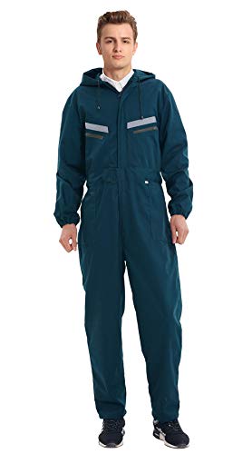 Oralidera Herren Baumwolle Arbeitsoverall mit Kapuze Reflektierend Mechanisch Overall mit vielen Taschen Maleroverall Jumpsuit Arbeitskleidung für Handwerker, Grün, 3XL von Oralidera