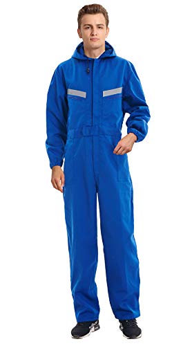 Oralidera Herren Baumwolle Arbeitsoverall mit Kapuze Reflektierend Mechanisch Overall mit vielen Taschen Maleroverall Jumpsuit Arbeitskleidung für Handwerker, Königsblau, XXL von Oralidera