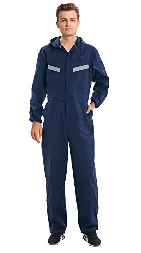 Oralidera Herren Baumwolle Arbeitsoverall mit Kapuze Reflektierend Mechanisch Overall mit vielen Taschen Maleroverall Jumpsuit Arbeitskleidung für Handwerker, Navy Blau, L von Oralidera