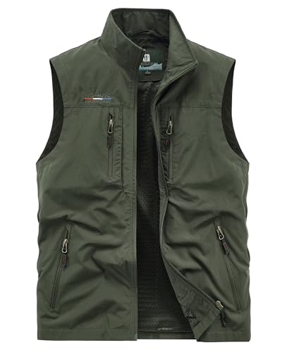 Oralidera Herren Outdoor Weste mit Vielen Taschen Anglerweste Safariweste Jagdweste Multifunktionsweste Freizeit Ärmellose Jacke Leicht Sommer Weste, A-Grün, XXL von Oralidera