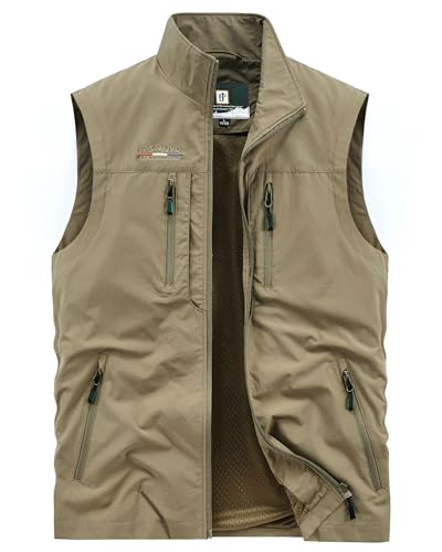 Oralidera Herren Outdoor Weste mit Vielen Taschen Anglerweste Safariweste Jagdweste Multifunktionsweste Freizeit Ärmellose Jacke Leicht Sommer Weste, A-Khaki, XXL von Oralidera