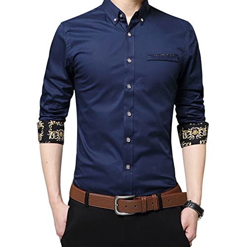 Oralidera Herren Langarm-Baumwollhemd Lässig Bügelfrei Business Formales Hemd Herrenhemd Innenkontrast Herrenmode Slim Fit Dress Hemd, Dunkelblau, M von Oralidera