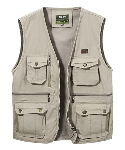 Oralidera Herren Outdoor Weste Freizeit Jacke Leicht Safari Weste mit Reißverschluss Jagd und Angler Fotografie Wandern Weste Anglerweste mit Vielen Taschen, 658_Beige, XXL von Oralidera