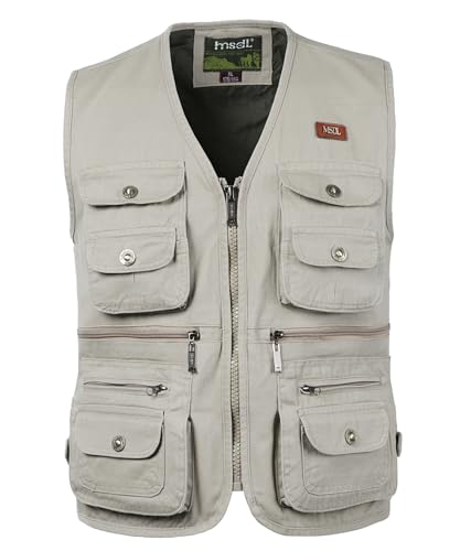 Oralidera Herren Outdoor Jagdweste Reporterwesten Ärmellos Jacke Anglerweste Fotografie Freizeitweste Safari Weste mit Vielen Taschen für Jagd Angeln Camping, Beige, XL von Oralidera
