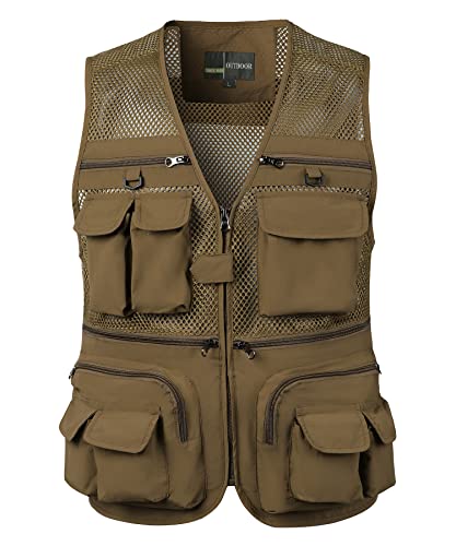 Oralidera Herren Outdoor Weste Atmungsaktiv Nylon Angeln Weste Leicht Safari Weste mit Vielen Taschen für Freizeit Jagd Trekking Reporterwesten, 65_Khaki, L von Oralidera