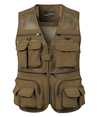 Oralidera Herren Outdoor Weste Atmungsaktiv Nylon Angeln Weste Leicht Safari Weste mit Vielen Taschen für Freizeit Jagd Trekking Reporterwesten, 65_Khaki, XXL von Oralidera