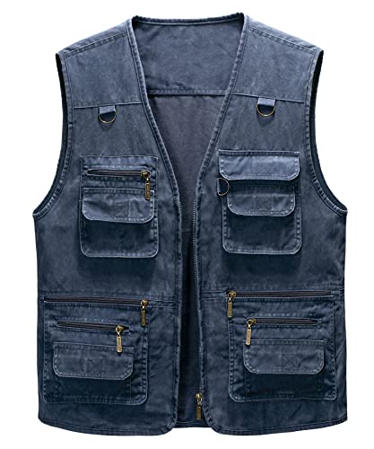 Oralidera Herren Outdoor Weste Freizeit Jacke Leicht Safari Weste mit Reißverschluss Jagd und Angler Fotografie Wandern Weste Anglerweste mit Vielen Taschen, P08_Denim Blau, M von Oralidera