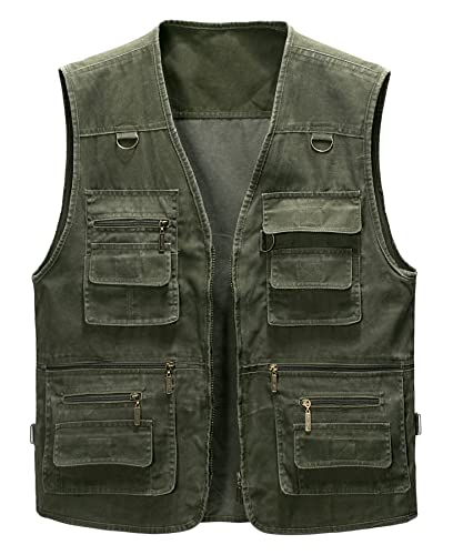 Oralidera Herren Outdoor Weste Freizeit Jacke Leicht Safari Weste mit Reißverschluss Jagd und Angler Fotografie Wandern Weste Anglerweste mit Vielen Taschen, P08_Grün, L von Oralidera