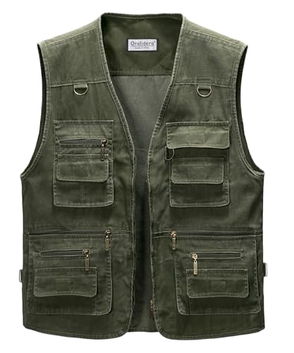 Oralidera Herren Outdoor Weste Freizeit Jacke Leicht Safari Weste mit Reißverschluss Jagd und Angler Fotografie Wandern Weste Anglerweste mit Vielen Taschen, Grün, XXL von Oralidera