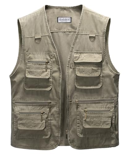Oralidera Herren Outdoor Weste Freizeit Jacke Leicht Safari Weste mit Reißverschluss Jagd und Angler Fotografie Wandern Weste Anglerweste mit Vielen Taschen, Khaki, XXL von Oralidera