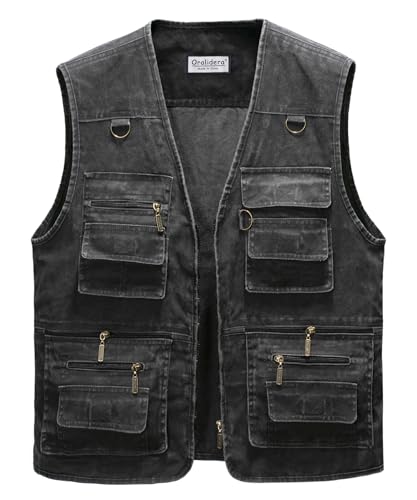 Oralidera Herren Outdoor Weste Freizeit Jacke Leicht Safari Weste mit Reißverschluss Jagd und Angler Fotografie Wandern Weste Anglerweste mit Vielen Taschen, Schwarz, 3XL von Oralidera