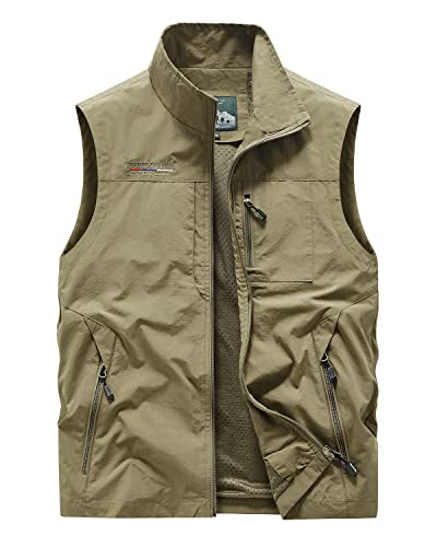 Oralidera Herren Outdoor-Weste Leichte Funktionale Arbeitsweste mit Vielen Taschen Anglerweste Jagd Wandern ärmellose Jacke Camping Fotografie Weste, Khaki, L von Oralidera