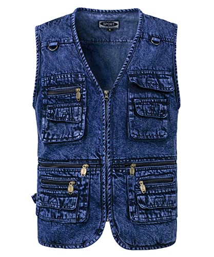 Oralidera Herren Outdoor Weste Multi Taschen Anglerweste Jeansweste Multifunktionsweste Safari Weste Reißverschluss Weste Jeans Weste Freizeit Ärmellos Jacke, DH-Blau, XXL von Oralidera