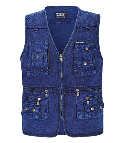 Oralidera Herren Outdoor Weste Multi Taschen Anglerweste Jeansweste Multifunktionsweste Safari Weste Reißverschluss Weste Jeans Weste Freizeit Ärmellos Jacke, Dunkelblau, 4X von Oralidera