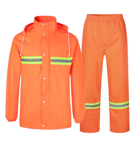 Oralidera Herren Regenanzug Wasserdicht 2 Stück Regenjacke mit Regenhose Fahrrad Regenbekleidung Reflektierend Regenkombi ohne Tasche, Orange, XL von Oralidera