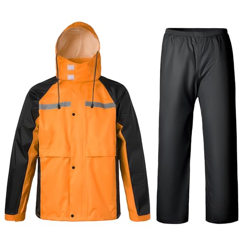 Oralidera Herren Regenanzug mit Kapuze Reflektierender Winddicht Regenjacke und Regenhose Wasserdichter Arbeitskleidung Jacke und Hose Set für Herren, C-Orange, L von Oralidera