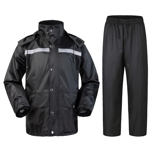 Oralidera Herren Regenanzug mit Kapuze Wasserdichter Anzug Reflektierender Regenjacke und Regenhose Regenkleidung Fahrrad Outdoor Regenkombi, Schwarz, M von Oralidera