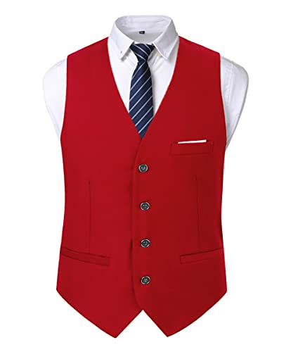 Oralidera Herren Slim Fit Sakko Business Weste Anzugweste Freizeit V-Ausschnitt Ärmellose Westen Hochzeit Knopfleiste Anzug Weste (Rot, XXL) von Oralidera