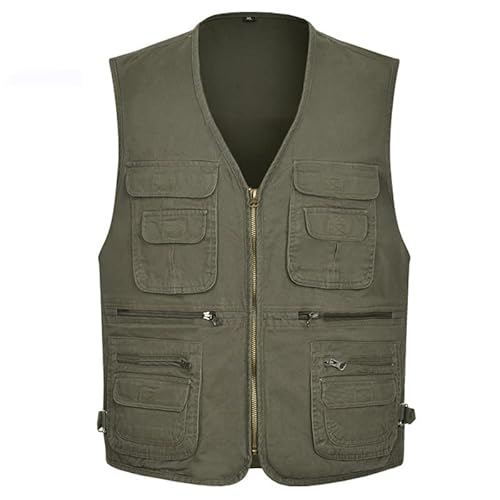 Oralidera Herren Weste Outdoor Wandern Anglerweste Fotografie Freizeitweste Sport Weste Baumwolle Safari Weste mit Vielen Taschen für Jagd Angeln Camping, Grün, XXL von Oralidera