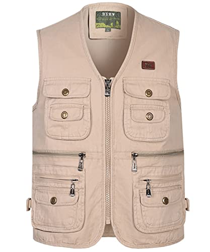 Oralidera Herren Weste Outdoor Wandern Anglerweste Fotografie Freizeitweste Sport Weste Baumwolle Safari Weste mit Vielen Taschen für Jagd Angeln Camping, 502_Beige, 4XL von Oralidera